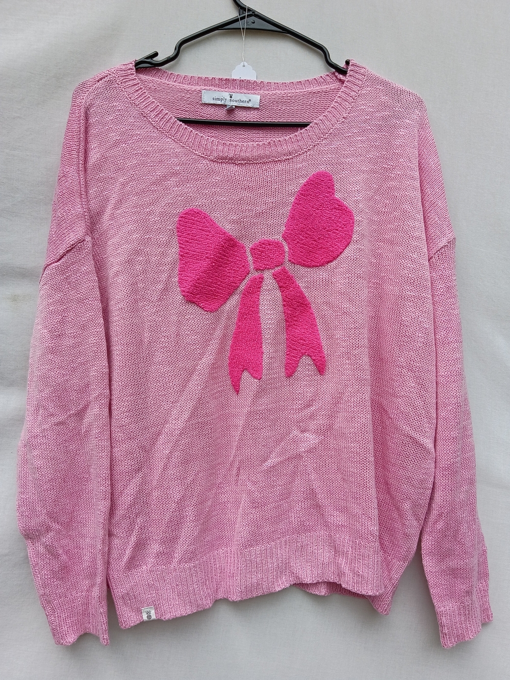 Simply Southern Light Pink Crewneck Sweater with Hot Pink Bow Coquette Large/XL